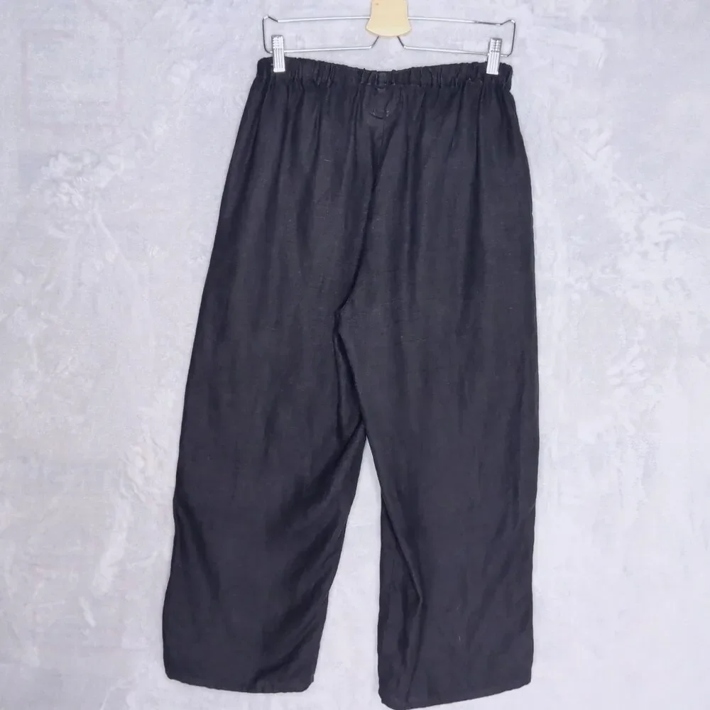 FLAX DESIGNS Black Linen Wide Leg Floods Pant Sz S Pull On Pockets Relaxed Ankle